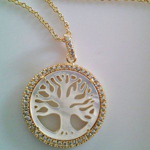 MOTHER OF PEARL CZ AND VERMEIL TREE OF LIFE  NECK